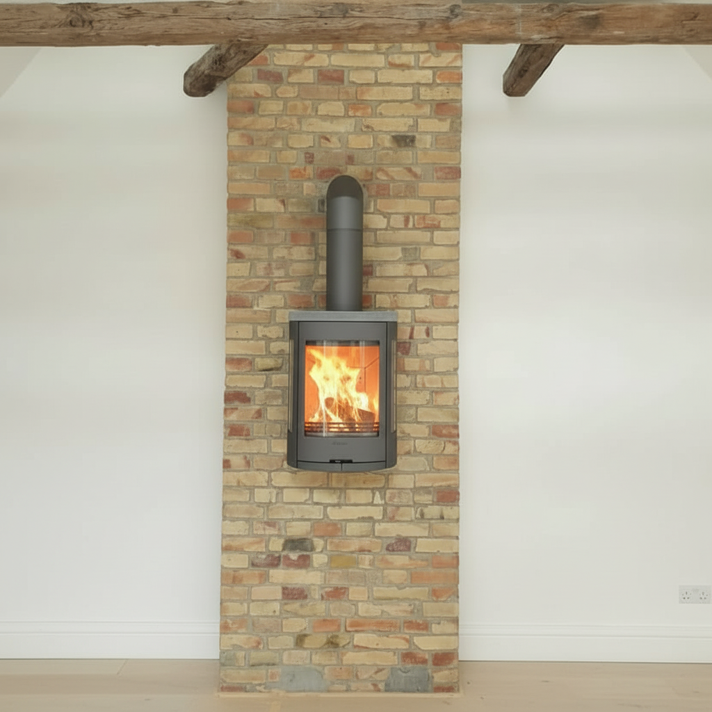 Braskamin monterad på traditionellt murad skorsten i tegel